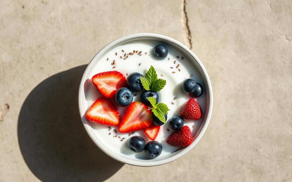 Iogurte com frutas vermelhas e chia