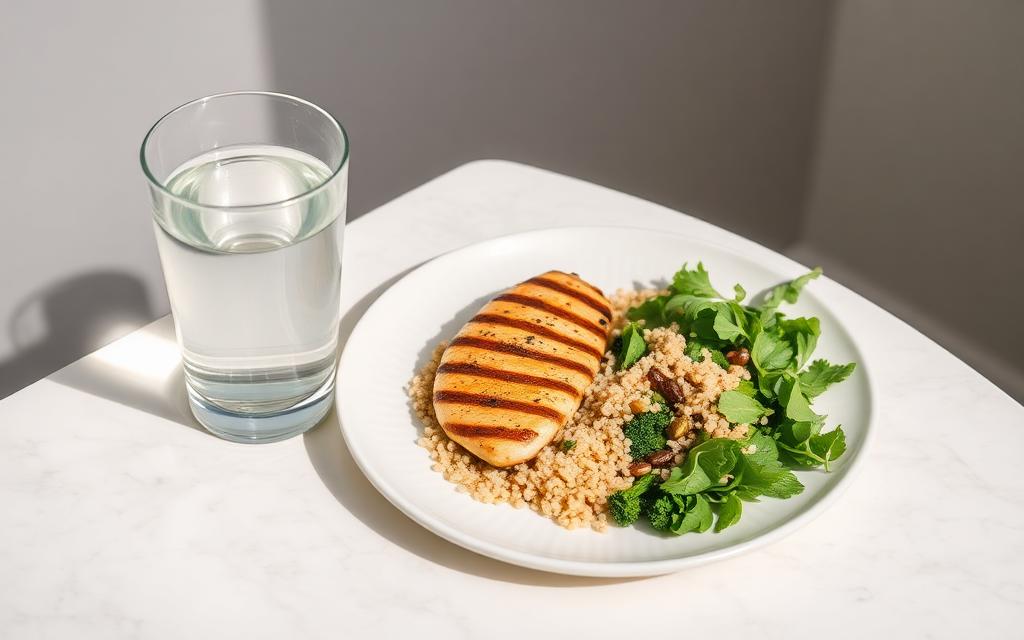 Prato com frango grelhado, quinoa e folhas verdes ao lado de um copo de água